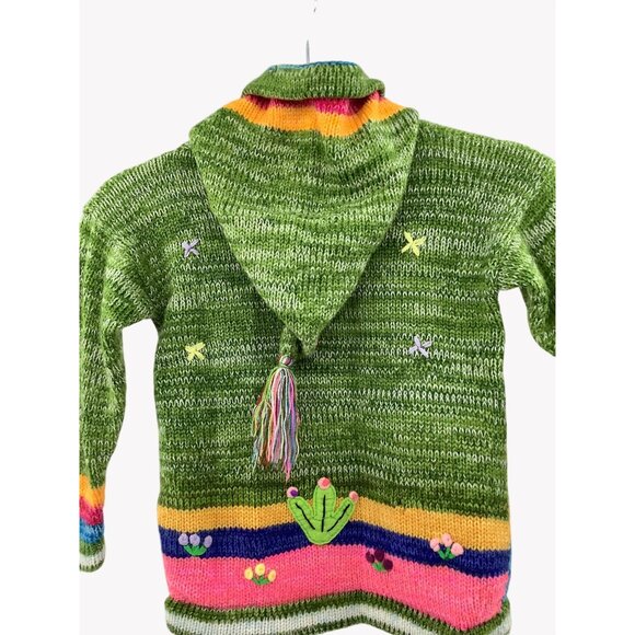 Handmade Peruvian Kids Wool Sweater Colorful Animal Embroidery & Hood Size 8 - Picture 4 of 5